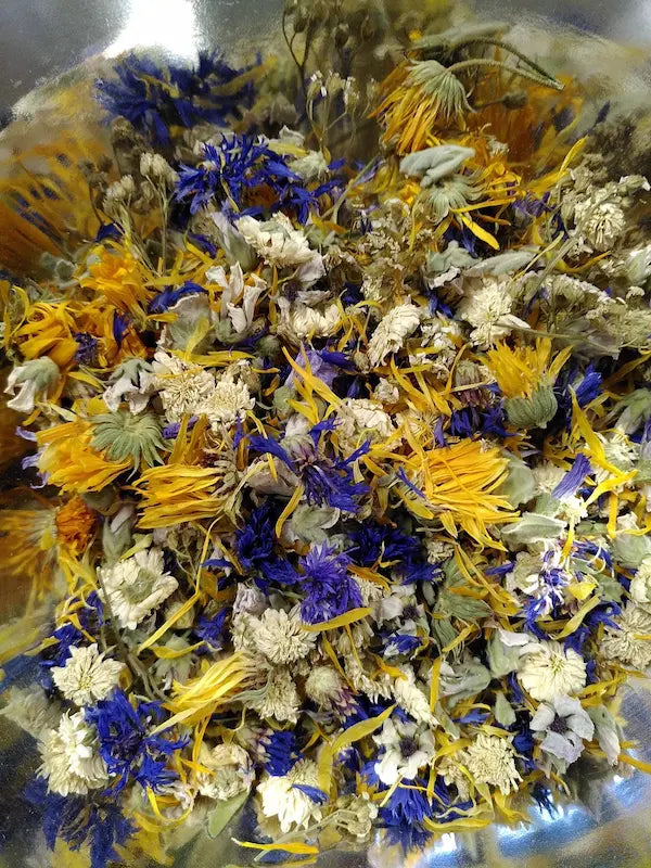Mélange de plantes et fleurs séchées Lilja maris : calendula, bleuet et immortelle pour tisanes bien-être.