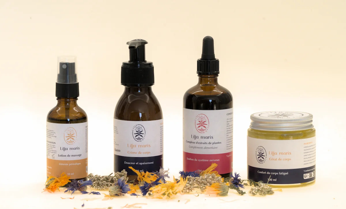 Gamme Lilja maris : lotion massage, crème corps, extrait de plantes et cérat, soins naturels fabriqués en Gâtine.