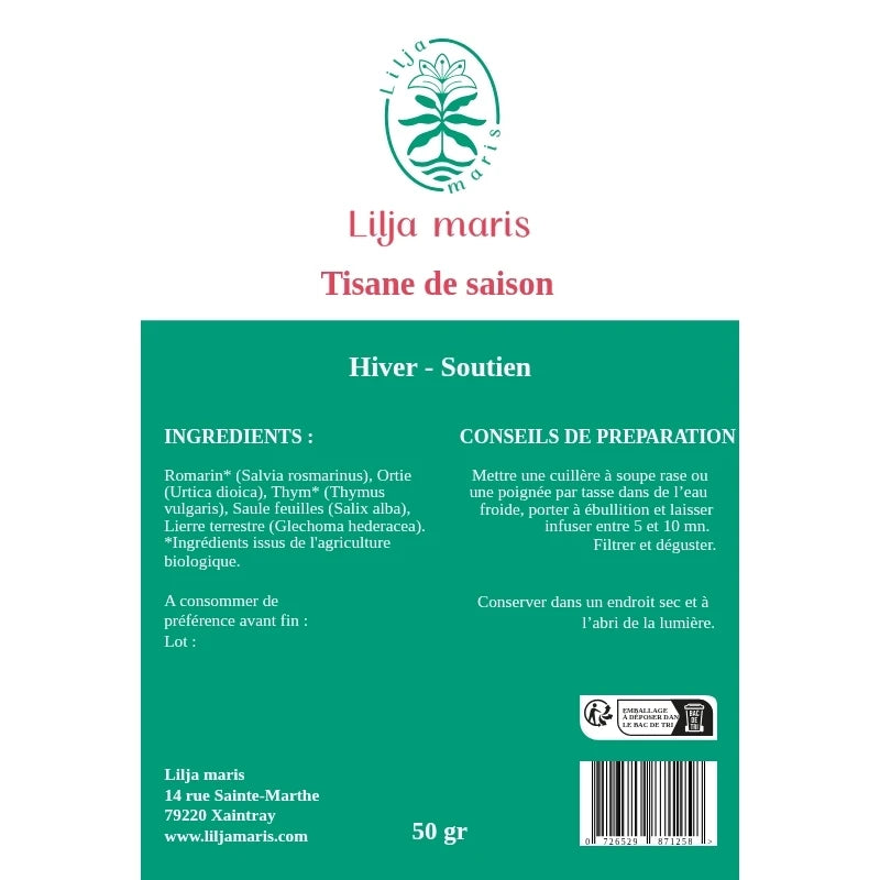 Tisane hiver soutien Lilja Maris ingrédients romarin ortie thym saule conseils infusion.